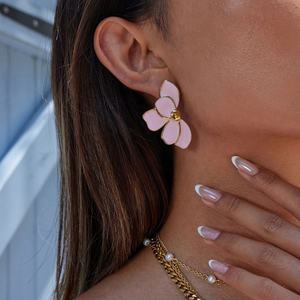 Boucles d'oreilles grandes et polyvalentes, motif pétale non décolorant, clous tendance en acier inoxydable, pierre principale diamant, cadeau d'anniversaire, pour soirée - Product Image 3