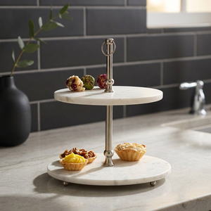 Support de service moderne en marbre à 2 niveaux avec poignée en métal, plateau de présentation de desserts de luxe, plateau à collations durable pour la cuisine et la décoration de la maison - Product Image 1