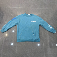 Sweatshirt Crewneck Pria Bahan Katun Fleece Tebal Oversized Biru Langit Cetak Timbul Bintang Saku Streetwear Custom OEM Produsen
