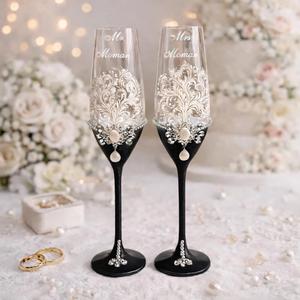 Set de regalo empresarial de lujo personalizado: Copas de cristal artesanales con perlas y diamantes, modernas, templadas y sostenibles, para Sr. y Sra. - Product Image 1