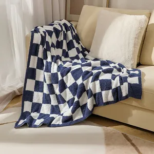 Wholesale Polyester Buti Fluffy Knitted Soft Checkered Pattern Throw Blanket For Sofa Couch Bed