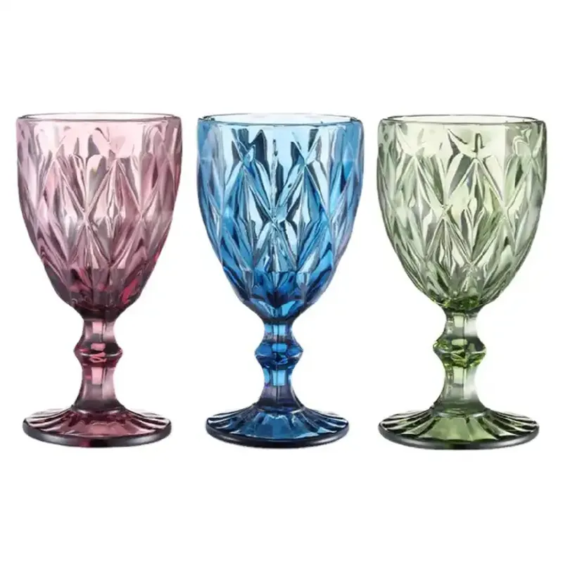 Wholesale 8oz 10oz Glassware Colored Goblet Wine Glasses Water Glass Pressed Blue Glass Goblets