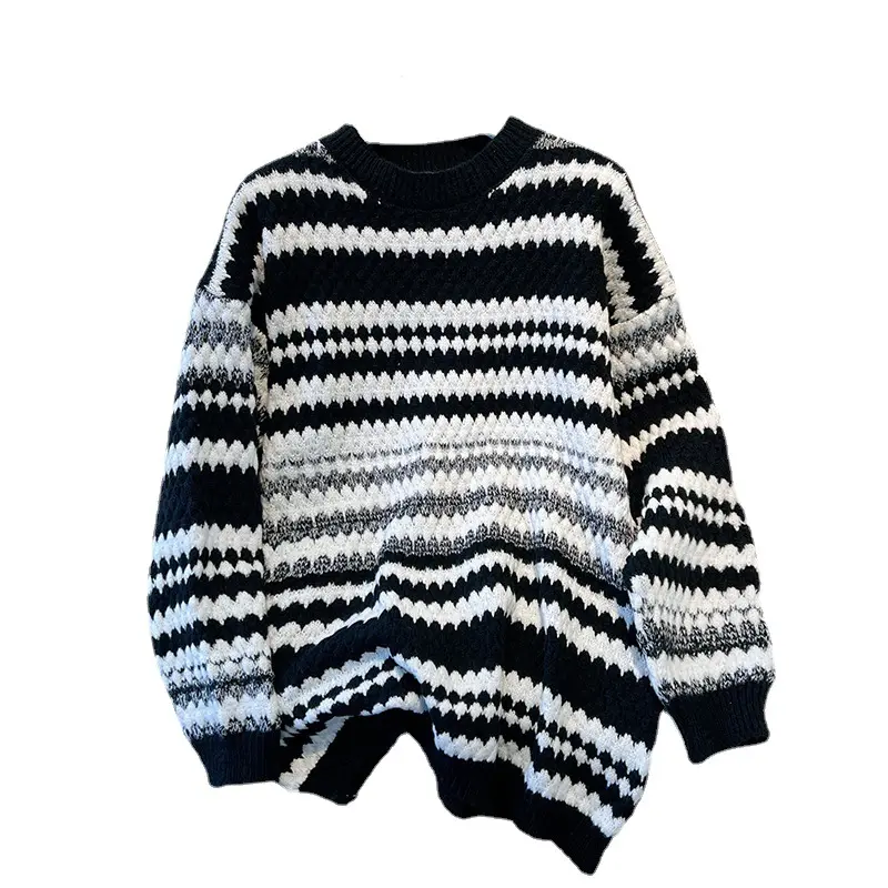 New OEM ODM custom design Couple Sweater Supplier Crew Neck Contrast Color Black and white stripe Jacquard Knitted Women Sweater