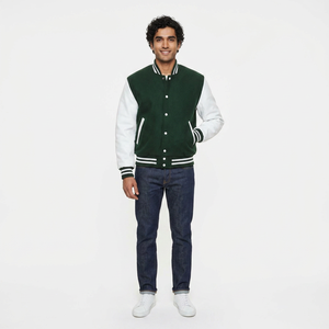 FINER THREADS Dark Green Varsity <b>Jacket</b> Stand Front <b>White</b> Sleeves <b>Men</b> Unisex Baseball Style Button Rib Trim Custom Option Warm - Product Image 1