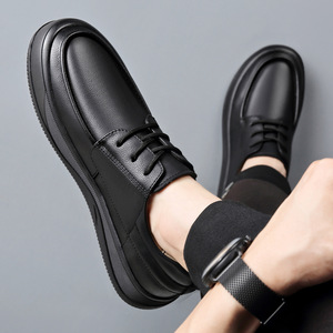 Chaussures décontractées en cuir à lacets pour hommes, marron, talon bas, couleur unie, style bateau, lacets avant, semelle adhésive, style jeune - Product Image 4