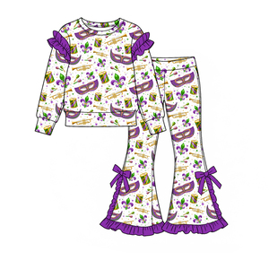 Pre-ordenar Conjunto de Ropa para Niñas Pequeñas de Mardi Gras: Camisa de Manga Larga, Pantalones Acampanados, Lazos, Volantes, Estampado, Conjuntos a Juego para Hermanas, Ropa de Moda Infantil - Product Image 2