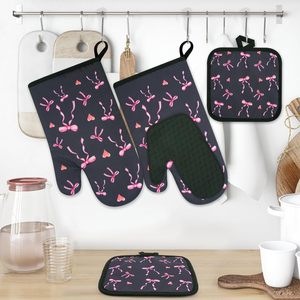 Ensemble de maniques de cuisine personnalisées avec doublure en coton matelassé, nœuds noirs imprimés, poignées de casserole en silicone résistantes à la chaleur, fabriquées en Chine - Product Image 4