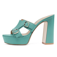 Mules à plateforme à talon épais turquoise avec boucle et bout rond pour femmes