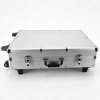 Valise à roulettes en aluminium argenté avec poignée télescopique et EVA découpé sur mesure, mallette à outils roulante en aluminium avec loquets
