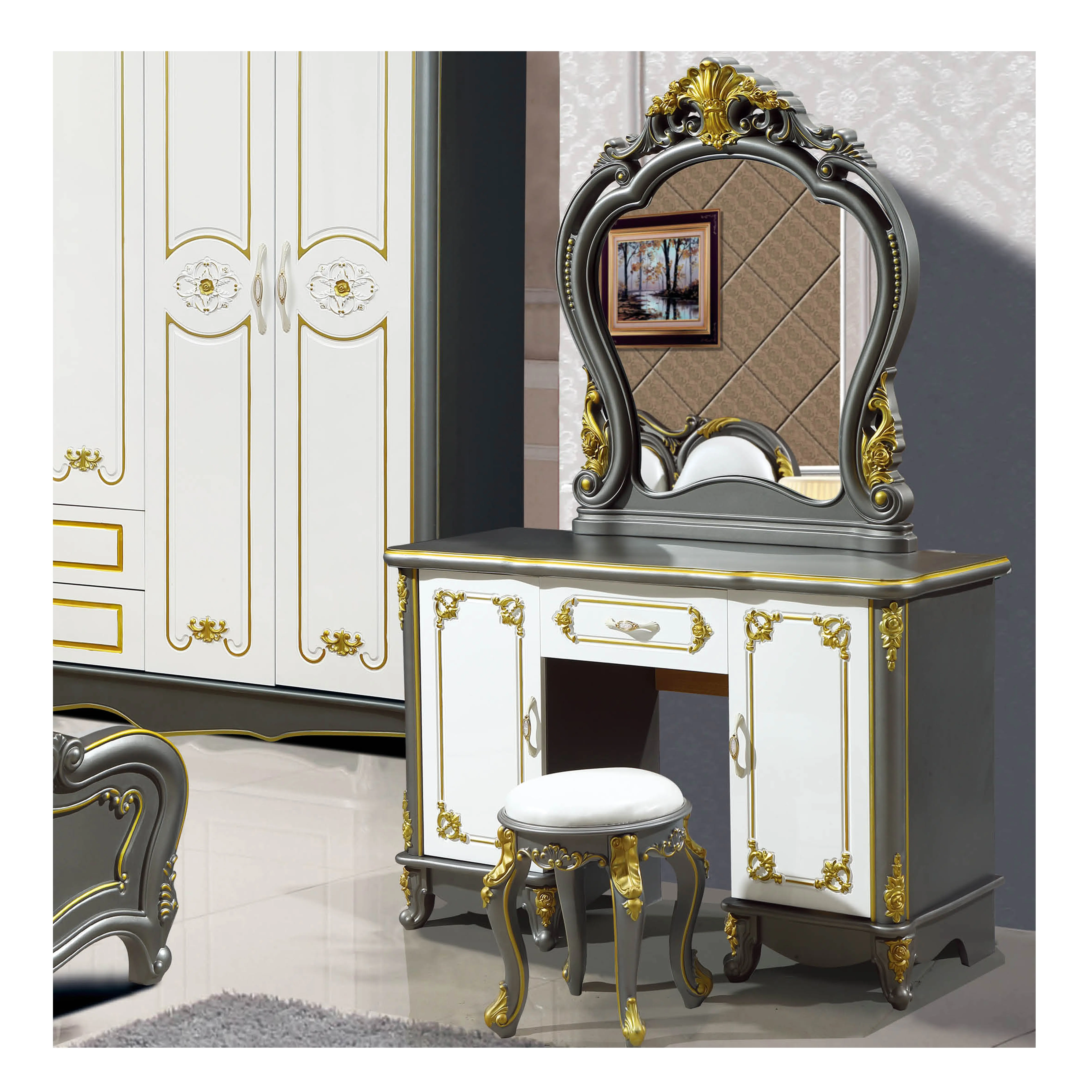 Móveis de quarto luxuosos com espelho de penteadeira estilo europeu, móveis de armazenamento em ouro, cômoda premium modular