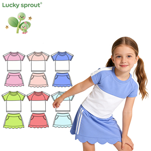 Custom Kids Girl Hooded Short Sleeved Scallop <strong>Skirt</strong> Sets Solid Print Boutique Wholesale Girl Sport Sets - Product Image 1