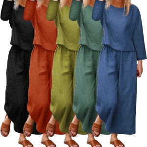 Women's Long-Sleeve Crew Neck Top & Wide-Leg Pants Solid Color Casual 2-Piece <b>Set</b> Fashion - Product Image 1