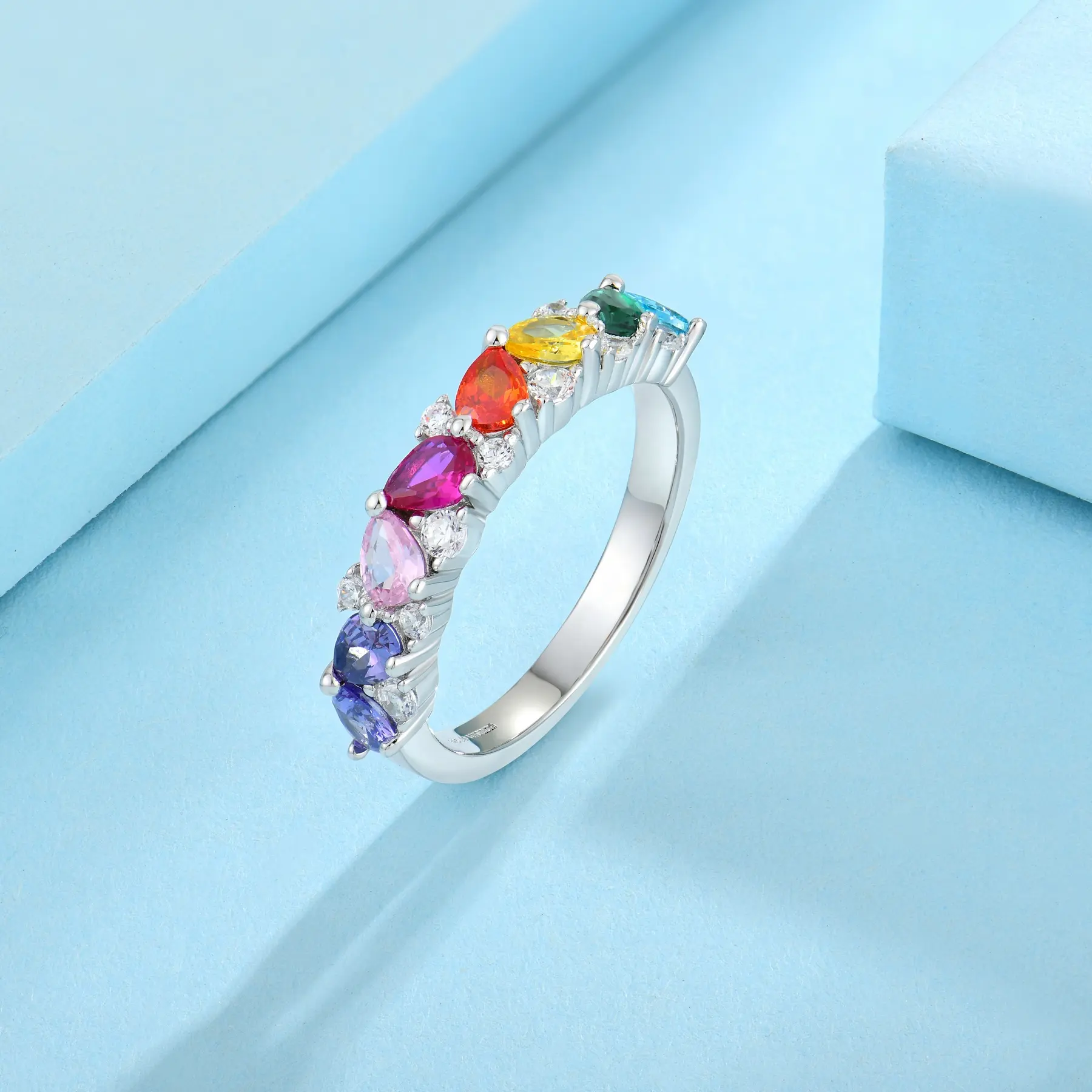Luxury Trendy Zirconia Rhodium Plated 925 Sterling Silver Women's Fashion Designer Rings With Coloured Stones