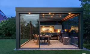 Auvent rétractable électrique à <span class=keywords><strong>ouverture</strong></span> latérale en alliage d'aluminium moderne, finition, isolation thermique, pour <span class=keywords><strong>garage</strong></span>, support d'angle extérieur - Product Image 5