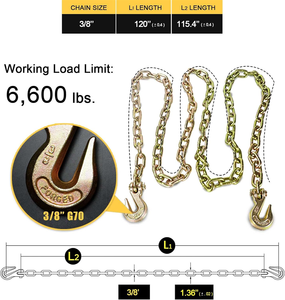 โซ่ลากจูงรถพ่วง G70 ขนาด 3/8 นิ้ว ชุบกัลวาไนซ์ พร้อมตะขอเกี่ยวแบบ Clevis ทั้งสองด้าน 001 สายรัดโซ่ลากจูงพร้อมตะขอแบบ J R สำหรับยกของอย่างปลอดภัย - Product Image 2