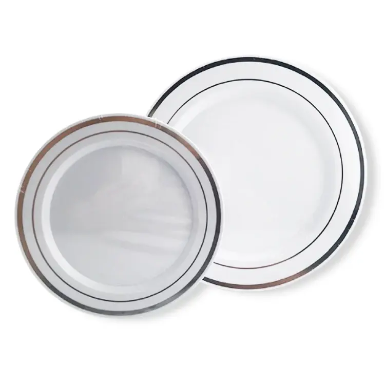 뜨거운 판매 라운드 플라스틱 식기 세트 결혼식을 위해 금 테두리에있는 플라스틱 파티 접시 흰색 접시