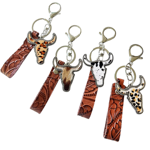 Porte-clés léger en cuir marron avec tête de vache, style western ethnique, respectueux de l'environnement - Product Image 1