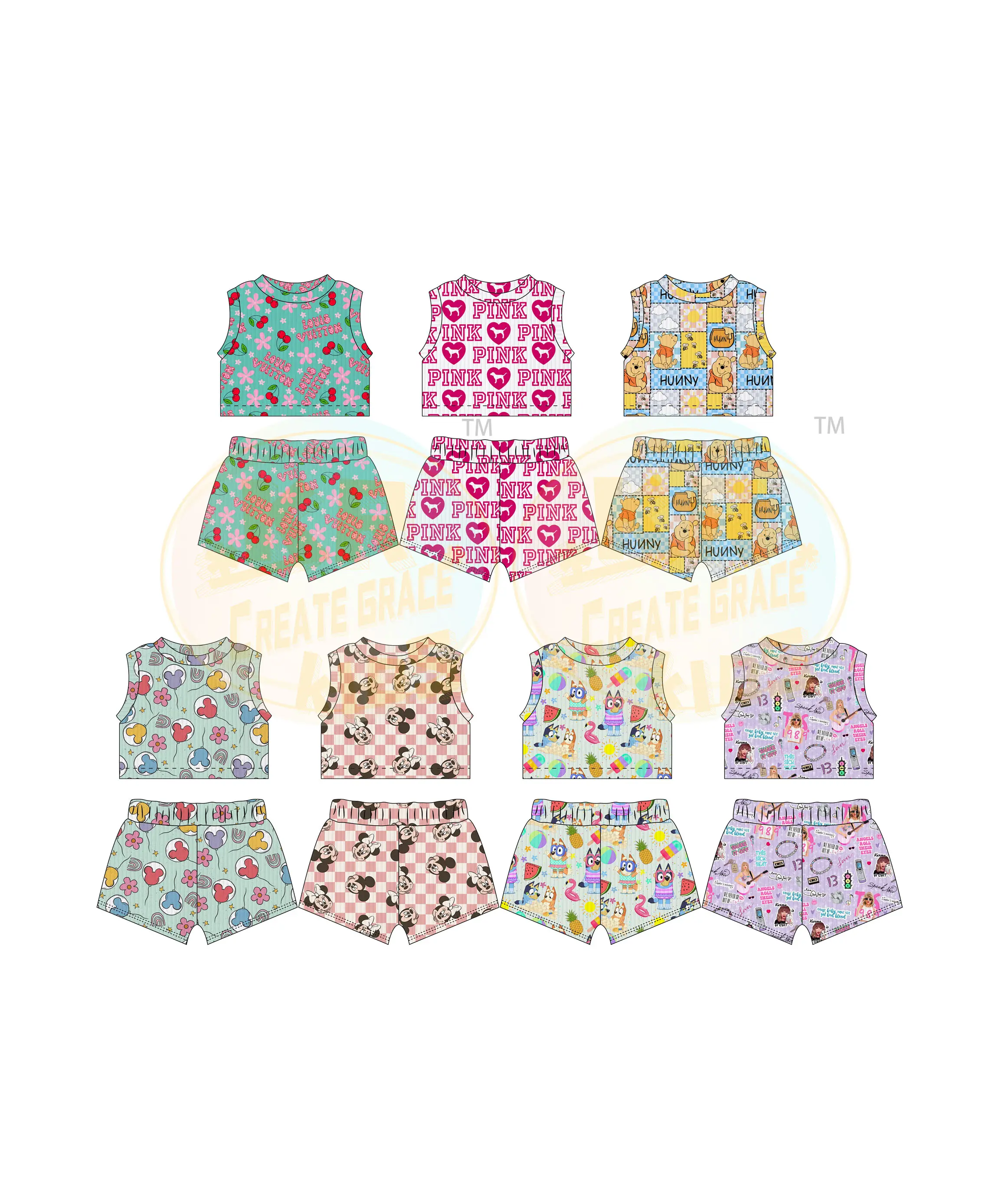 Summer Toddler Boys Girls 2 Pieces Sets Outfits Kids Teens Cute Print Sleeveless Tops Waist Belted Shorts Baby Sets Clothing