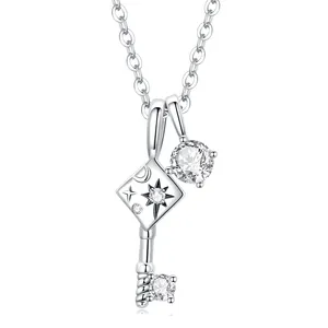 SHIERO White Gold Plated Necklace 925 Sterling Silver Sparkling Stars Lock Dangle Cubic Zirconia Charm Necklace for Women