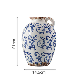 Nouveau bleu blanc porcelaine Vase ornements chinois classique en céramique Vase Pot de fleur avec poignée pour la maison salon bureau - Product Image 1