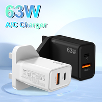 Adaptateur secteur portable électrique 63W Gan, charge rapide QC3.0 PD, 1 port Type-C, sortie 5V/3A, prise EU/UK, chargeur mural pour téléphones portables