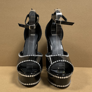 Sandalias de tacón grueso con punta abierta y diamantes para mujer, talla grande 47, con plataforma gruesa y hebillas en el tobillo, zapatos de charol. - Product Image 3