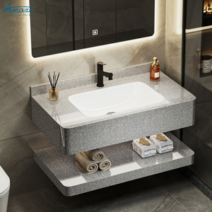 Meuble <span class=keywords><strong>de</strong></span> <span class=keywords><strong>salle</strong></span> <span class=keywords><strong>de</strong></span> <span class=keywords><strong>bain</strong></span> moderne à deux niveaux avec vasque en <span class=keywords><strong>céramique</strong></span>, miroir LED et lavabo mural en dalle <span class=keywords><strong>de</strong></span> roche - Product Image 4