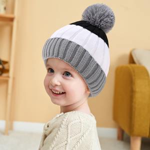 <span class=keywords><strong>Gorro</strong></span> de Invierno Cálido con Puño Acanalado Grueso para Niños Pequeños, <span class=keywords><strong>Gorro</strong></span> de Punto Tricolor para Caminar al Aire Libre, para Viajes en Esquí, con Pompón Esponjoso - Product Image 2