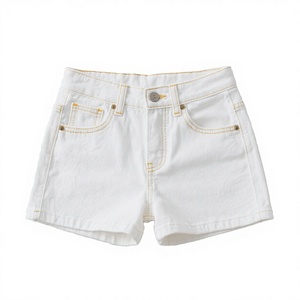 Shorts en jean ivoire vintage pour femme, taille haute, 5 poches, décontractés d'été, blancs avec surpiqûres jaunes et rivets - Product Image 3