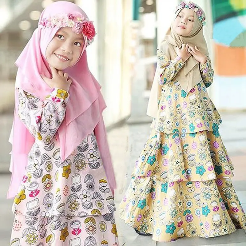 เสื้อผ้าอิสลามสำหรับเด็กผู้หญิง,ชุดมุสลิมดอกไม้สองชุดชุดสำหรับเด็กชุดเดรสยาวเสื้อผ้ามุสลิมสำหรับเด็ก