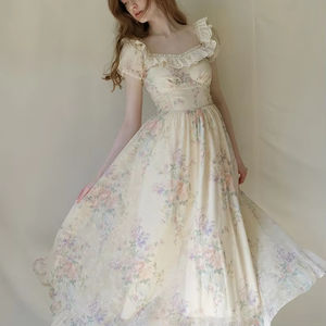 Abiti lunghi in pizzo con volant e svasati con stampa beige <span class=keywords><strong>balza</strong></span> un <span class=keywords><strong>abito</strong></span> floreale A linea - Product Image 4