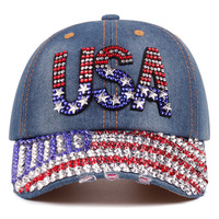 Casquette de baseball en jean avec drapeau américain et strass, effet vieilli, pour adultes