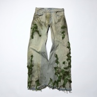 Jean Homme DIZNEW Crème Délavé Coupe Évasée Longueur Entière Vert Mousse Véritable Broderie 3D Motif Vigne Franges Brutes Ourlet Naturel Avant-Garde OEM