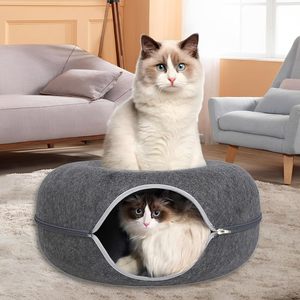 Collapsible Donut <b>Cat</b> Tunnel Bed Anti-Anxiety Felt <b>Cat</b> Cave for Small Dogs Pet Bed with Solid Pattern - Product Image 2