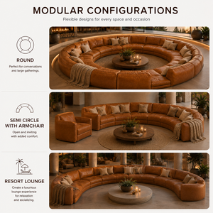 Ensemble de canapés modulaires de luxe en cuir véritable, sans accoudoirs, en forme de L, avec dossier rigide et pieds en bois, pour villas, complexes hôteliers, clubs et hôtels - Product Image 3