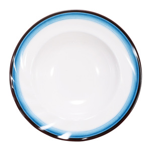 Plato redondo de melamina con borde azul, libre de BPA, para uso en hoteles, comida y fiestas. - Product Image 1