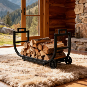 <span class=keywords><strong>Porte</strong></span>-bûches en acier forgé décoratif de qualité supérieure, robuste et durable, avec roues - Product Image 1