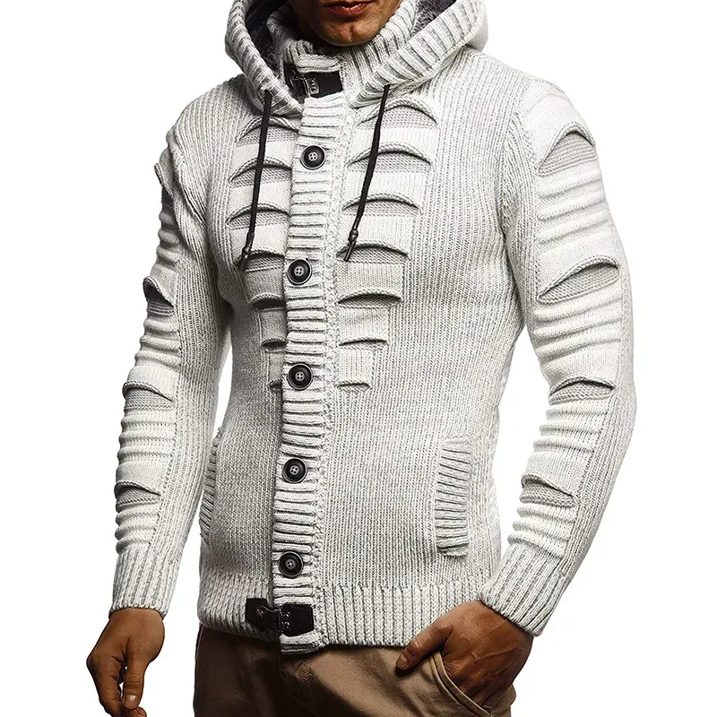 Winter Men's Stylish Button Sweatshirt Hooded Knit Cardigan Sweater Jacket with Pockets