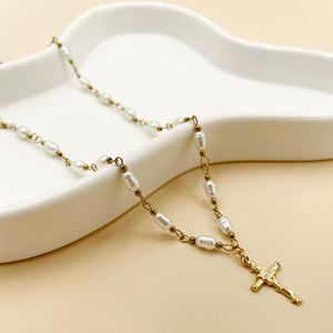 Yunan Vintage kişilik lüks çapraz kolye inci kolye Dainty paslanmaz çelik çapraz 14k altın kaplama armut uzun kolye - Product Image 4