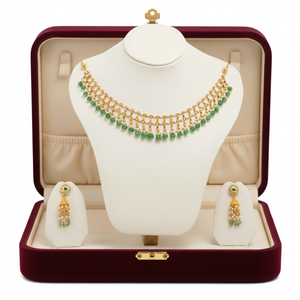 Conjunto de Collar de Perlas Verdes y Doradas con Gotas de Perla, Joyería Tradicional India para Novias - Product Image 1