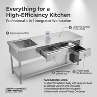 Meja Kerja Dapur Stainless Steel Komersial Ukuran Kustom dengan Wastafel, Laci, Backsplash, Rak Bawah, dan Rak Atas (Freestanding)