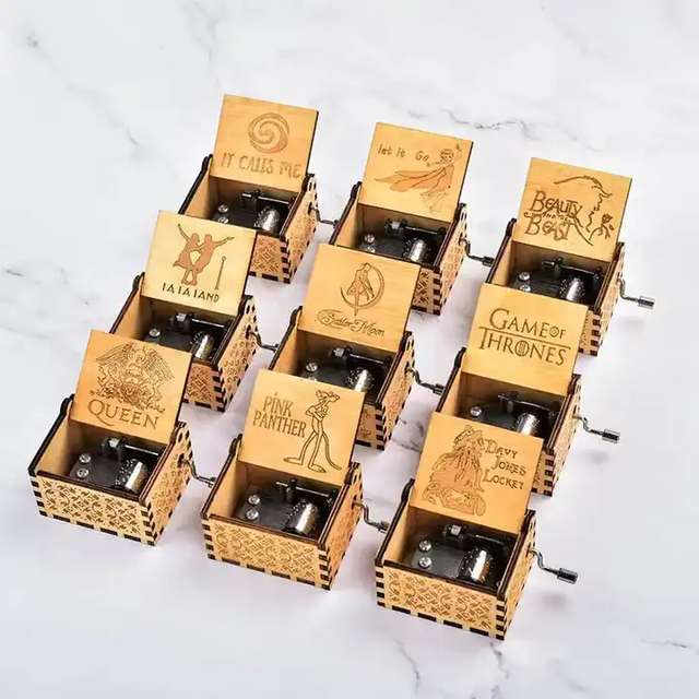 Custom Mini Hand-Cranked Wooden Music Box with 100 Designs Popular Engraved Gift Ideas
