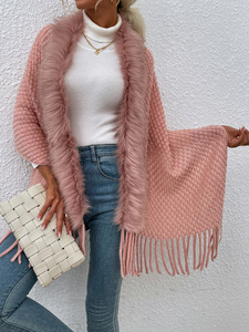 2023 femmes mode couleur unie <span class=keywords><strong>boule</strong></span> de fourrure Cape <span class=keywords><strong>pull</strong></span> automne et hiver tricoté Cardigan crochet châle - Product Image 5