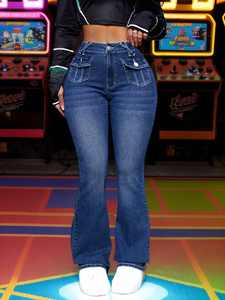 Jeans de Mezclilla de Cintura Alta y Corte Acampanado para Mujer, Casuales, Largos, de Color Sólido, Transpirables, Corte Regular, Estilo Primavera, con Botones Simples, Azules - Product Image 3