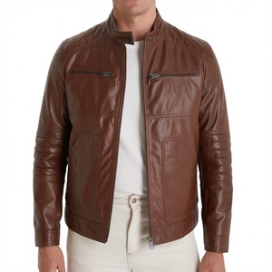 Chaqueta de Cuero Genuino Marrón para Hombre, Corte Regular, Color Sólido, Transpirable, Estilo Slim para Otoño, con Logotipo Frontal - Product Image 1