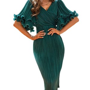 Robe fourreau verte à encolure croisée avec manches à volants et taille empire pour soirée - Product Image 5