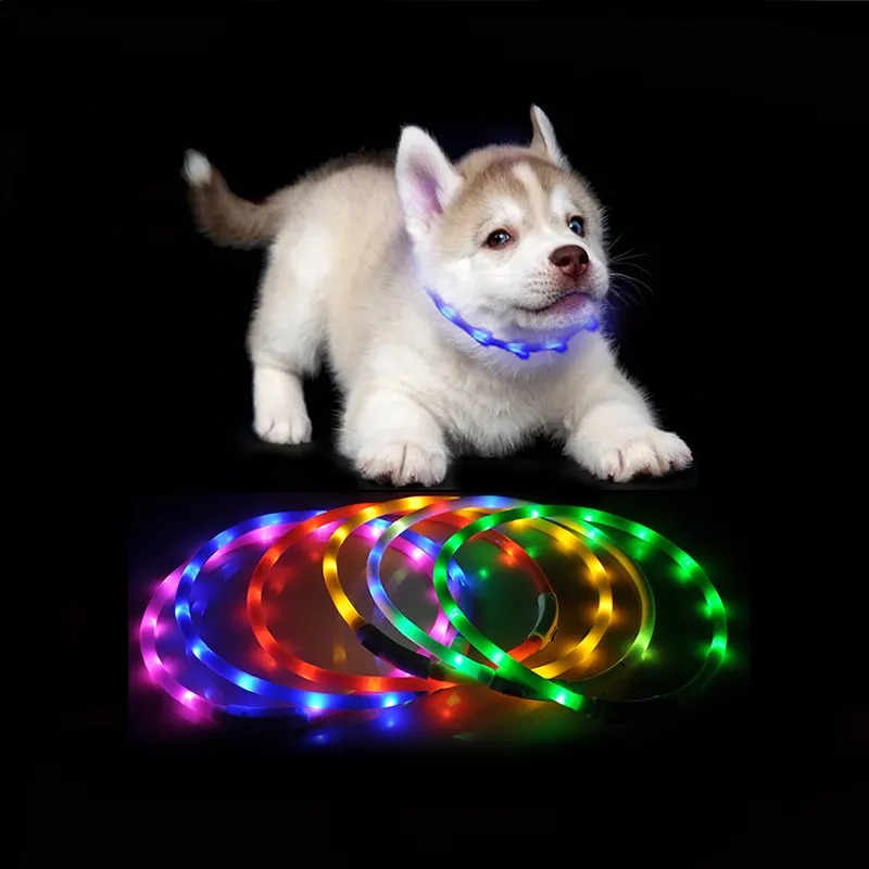 卸売USB充電式犬LEDカラー調節可能なシリコングローインナイトLEDカラーペット犬猫用