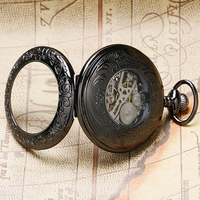 Reloj de Bolsillo Mecánico Manual Único con Cubierta Transparente Negra, Reloj Esqueleto de Cuerda Manual con Cadena para Regalo del Día del Padre
