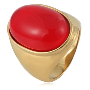 yunnique Vintage Oval Red Stone <b>Titanium</b> Steel <b>Ring</b> Unisex Gift Jewelry Bezel Setting Gold Color - Product Image 1