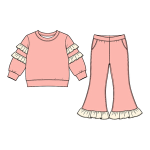 Conjunto de 2 Piezas para Niñas Pequeñas, Sudadera Informal de Algodón de Color Sólido y Pantalones Acampanados, Certificado por CPC y CPSIA, Pre-venta - Product Image 1